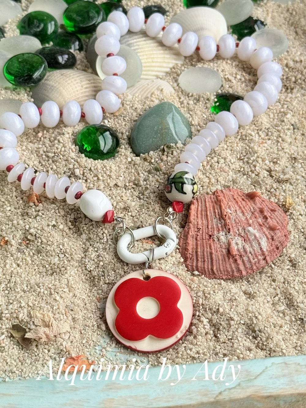 CHUNKY White Bead Necklace with Red Flower Disc Pendant